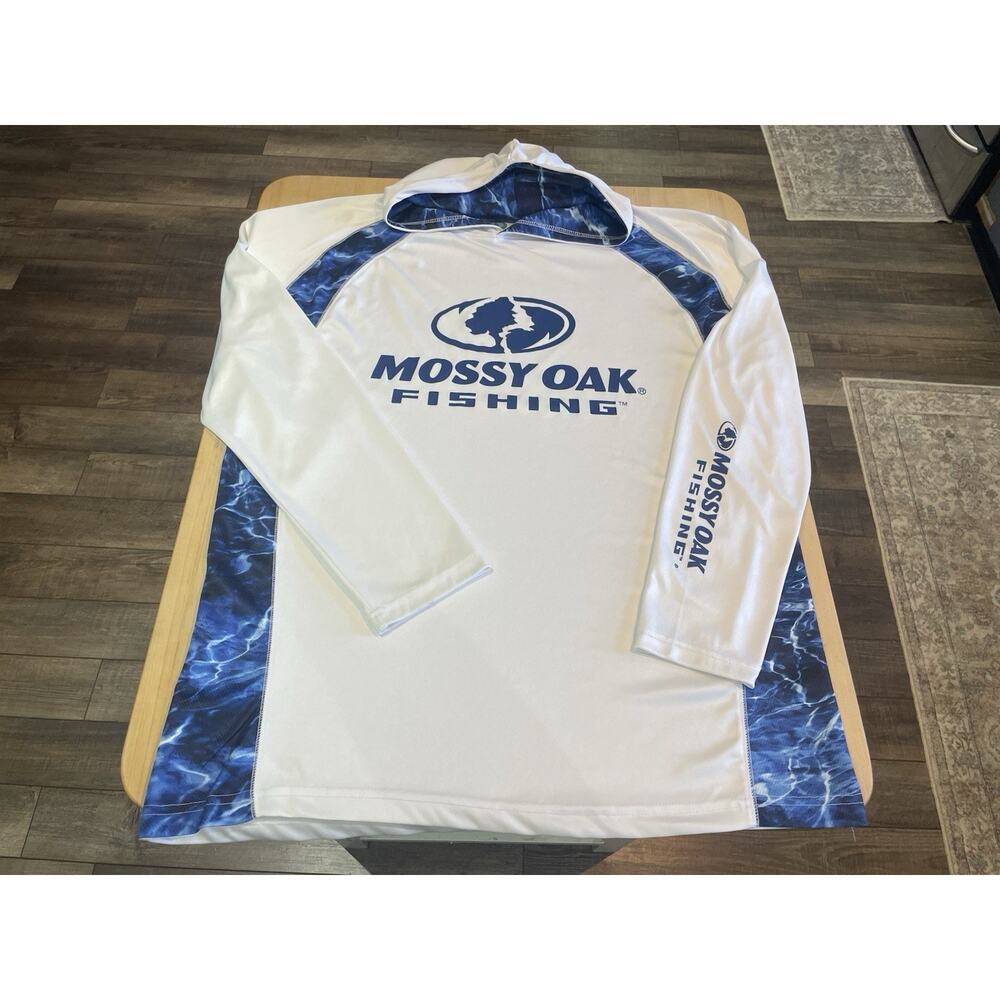 Mossy Oak Fishing Mens Long Spellout Sleeve White Blue Water Rashguard Hoodie L